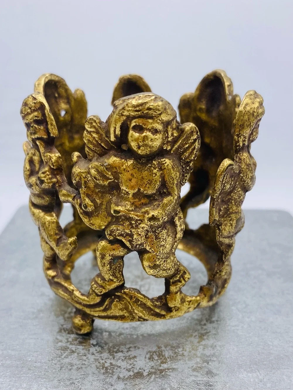 Two Vintage Footed Brass Votive/Tea Light Candle Holders Feature Dancing Cherubs